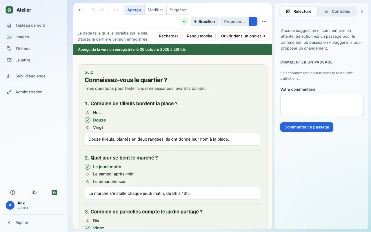 A quiz block in place in an article preview: questions about the neighbourhood, the answer choices, the correct one ticked and its explanation, on a computer, light theme.