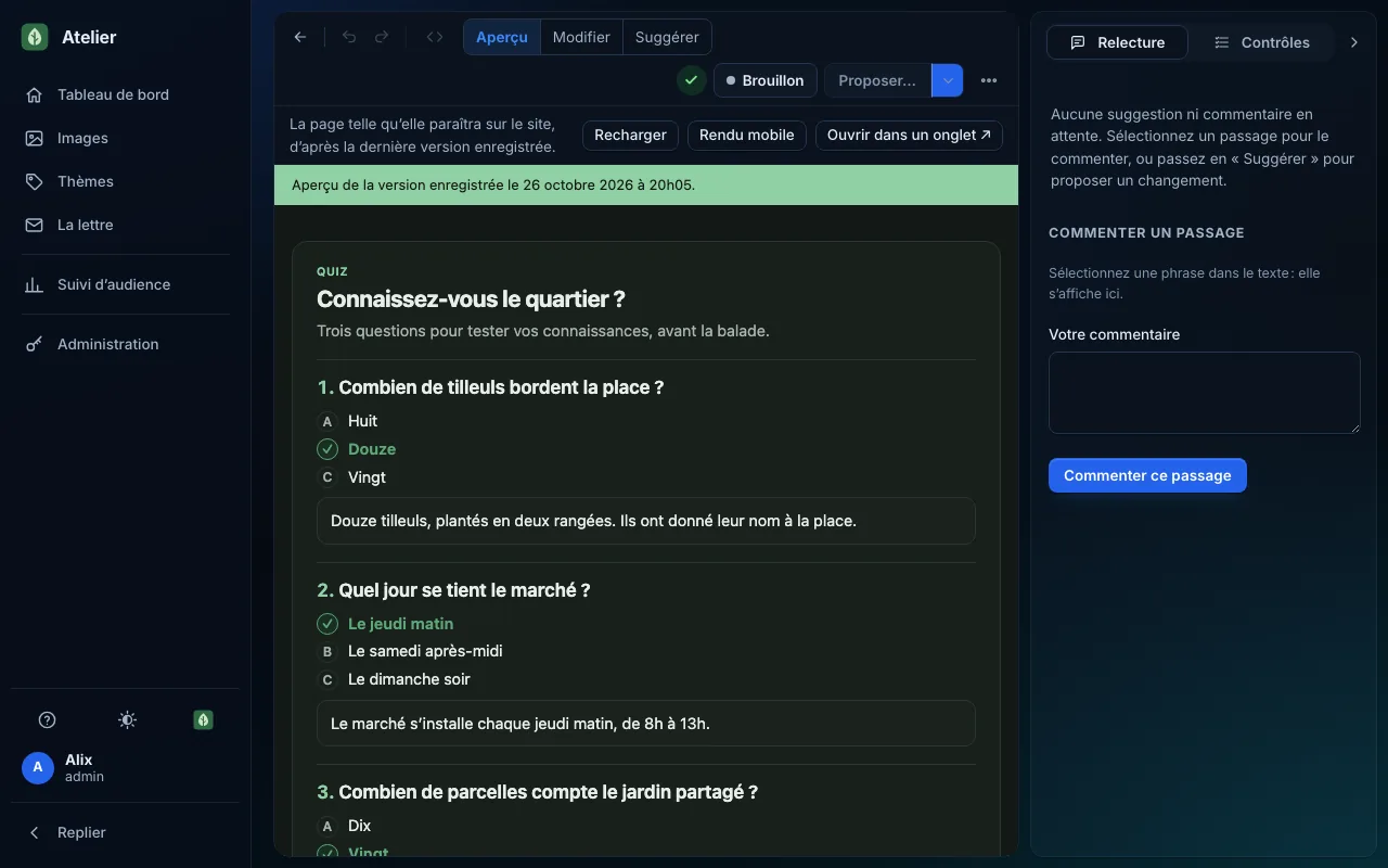 A quiz block in place in an article preview: questions about the neighbourhood, the answer choices, the correct one ticked and its explanation, on a computer, dark theme.