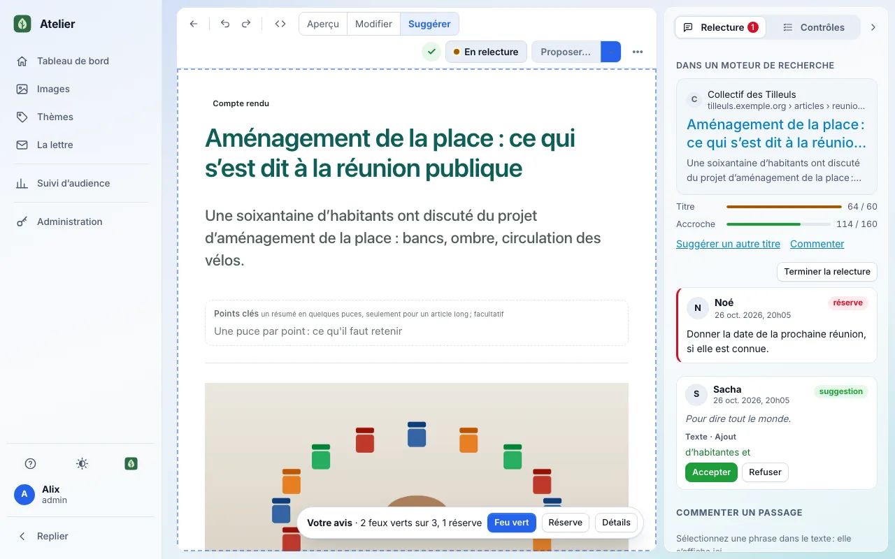 Reviewing a public meeting report: the review bar reads two green lights out of three and one reservation; on the right, Noé’s reservation and Sacha’s suggested edit, to accept or decline, on a computer, light theme.