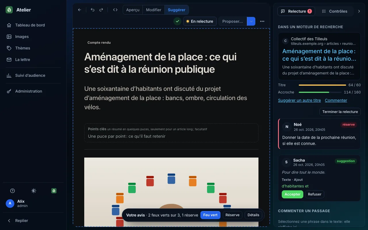 Reviewing a public meeting report: the review bar reads two green lights out of three and one reservation; on the right, Noé’s reservation and Sacha’s suggested edit, to accept or decline, on a computer, dark theme.