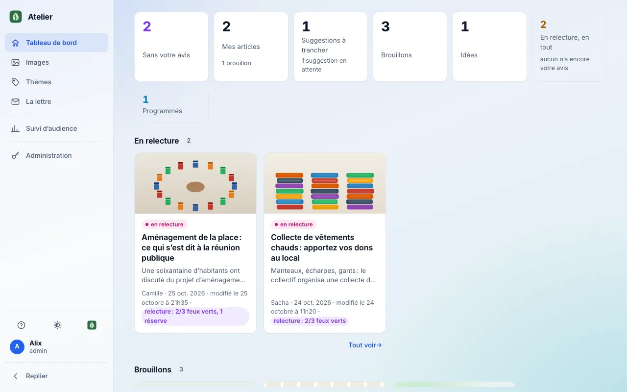 The workshop dashboard: counters (awaiting your review, my articles, drafts, ideas, in review, scheduled), then the fictional group’s articles as cards, with their status, on a computer, light theme.